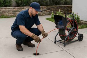 Professional plumber performing sewer camera inspection at a Montrose, CA home driveway