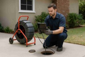 Professional plumber performing sewer camera inspection at a Sun Valley home using advanced CCTV equipment