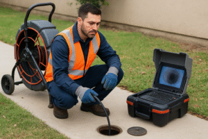 Professional plumber performing sewer camera inspection in Sylmar using CCTV equipment near a residential home
