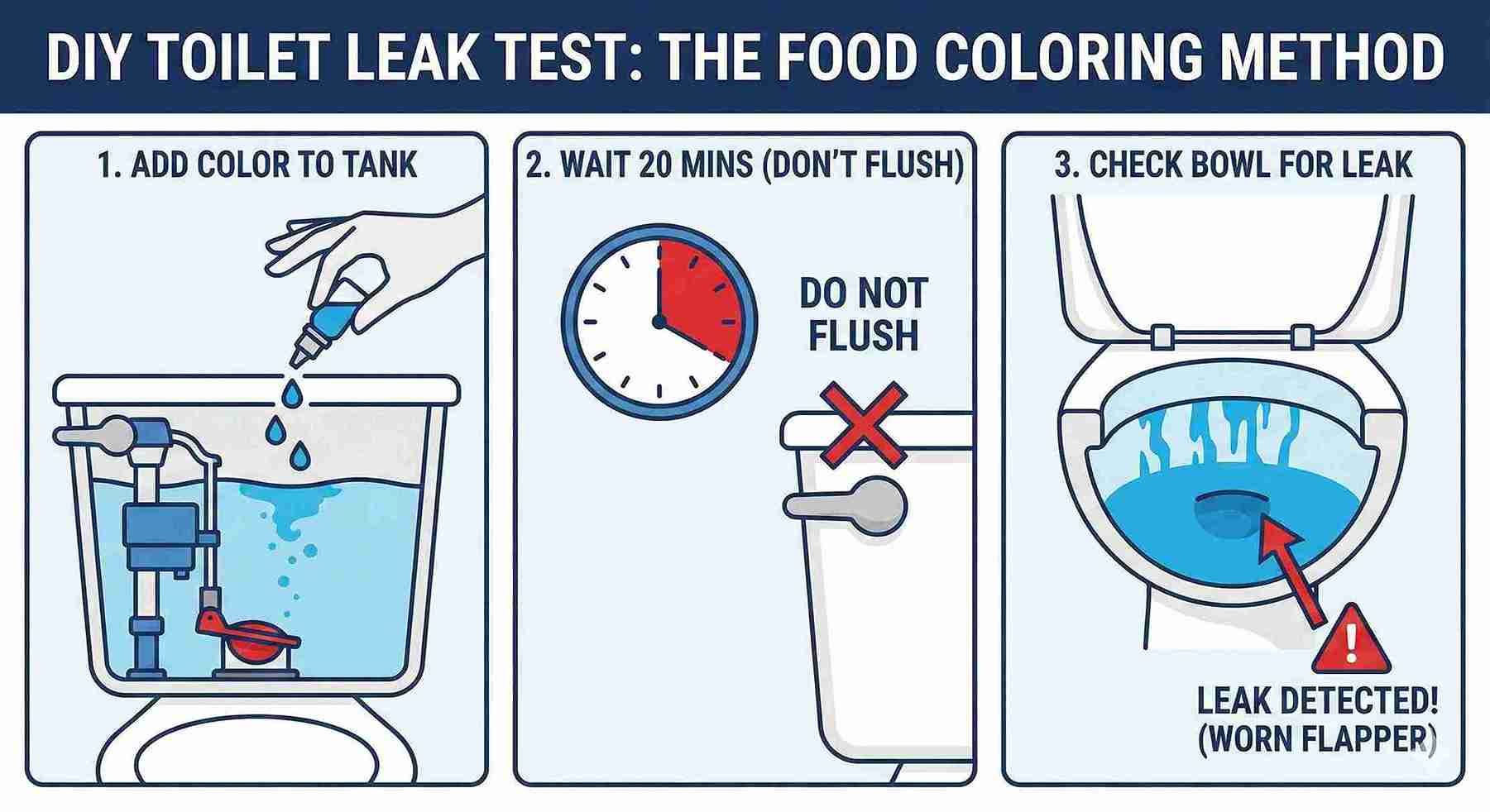 Infographic showing how to check for silent toilet leaks by adding drops of food coloring to the tank to identify faulty flapper valves and save water.