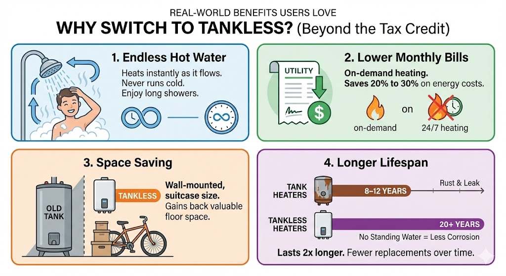 Infographic showing tankless water heater benefits: endless water, energy savings, space saving, and longevity.