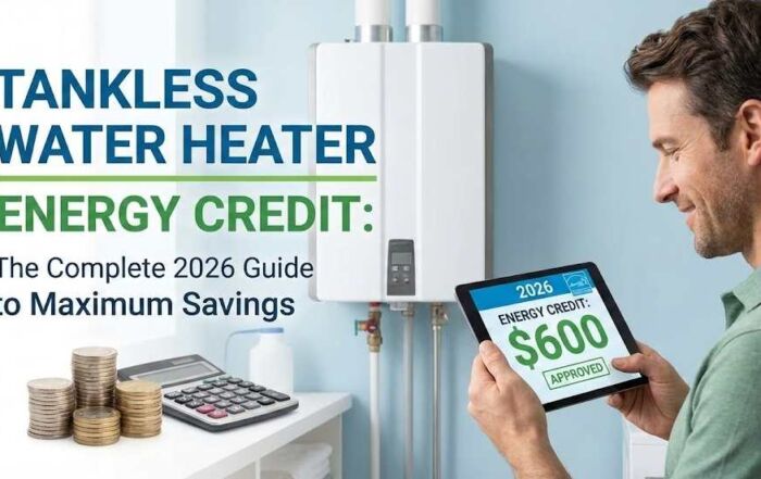 Featured image for the 2026 guide to tankless water heater energy credits, displaying a wall-mounted tankless unit, stacks of coins representing savings, and a homeowner holding a tablet showing an approved $600 tax credit.