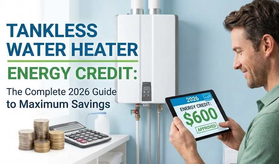 Featured image for the 2026 guide to tankless water heater energy credits, displaying a wall-mounted tankless unit, stacks of coins representing savings, and a homeowner holding a tablet showing an approved $600 tax credit.