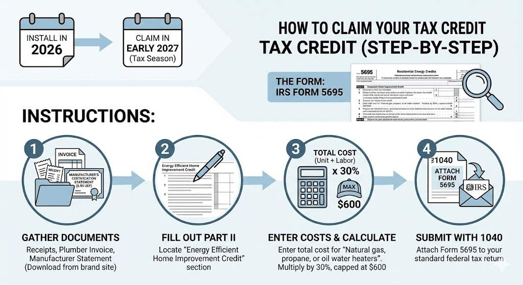 Infographic showing the step-by-step process to claim the tankless water heater tax credit: gather documents, fill out IRS Form 5695 Part II, enter total costs, calculate the 30% credit up to $600, and submit with your tax return.