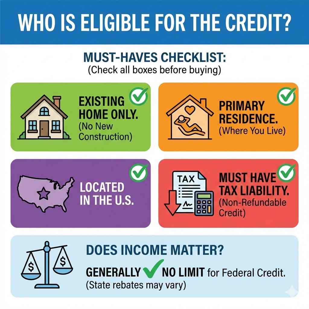 Who is Eligible for the Credit?" detailing the checklist for the tankless water heater tax credit: Existing Home Only, Primary Residence, Located in the U.S., and Must Have Tax Liability. It also clarifies there is generally no income limit for the federal credit.