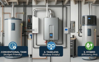 A three-part infographic comparing different water heater types: a conventional storage tank water heater labeled "Budget-Friendly," a tankless on-demand water heater labeled "Endless Supply," and a hybrid heat pump water heater labeled "Efficiency Pro," all installed in a home workshop setting.