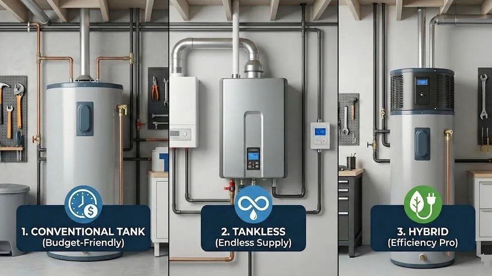 A three-part infographic comparing different water heater types: a conventional storage tank water heater labeled "Budget-Friendly," a tankless on-demand water heater labeled "Endless Supply," and a hybrid heat pump water heater labeled "Efficiency Pro," all installed in a home workshop setting.