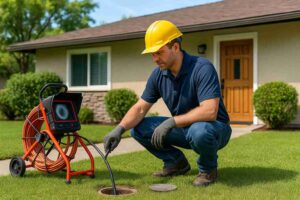 Plumber using sewer camera for inspection in Topanga front yard with equipment and cleanout access