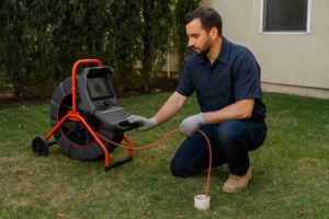Plumber in Tarzana performing a trenchless sewer camera inspection in residential backyard