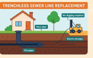 Illustration of trenchless sewer line replacement showing old pipe bursting and new pipe installation with no digging required in a residential yard.