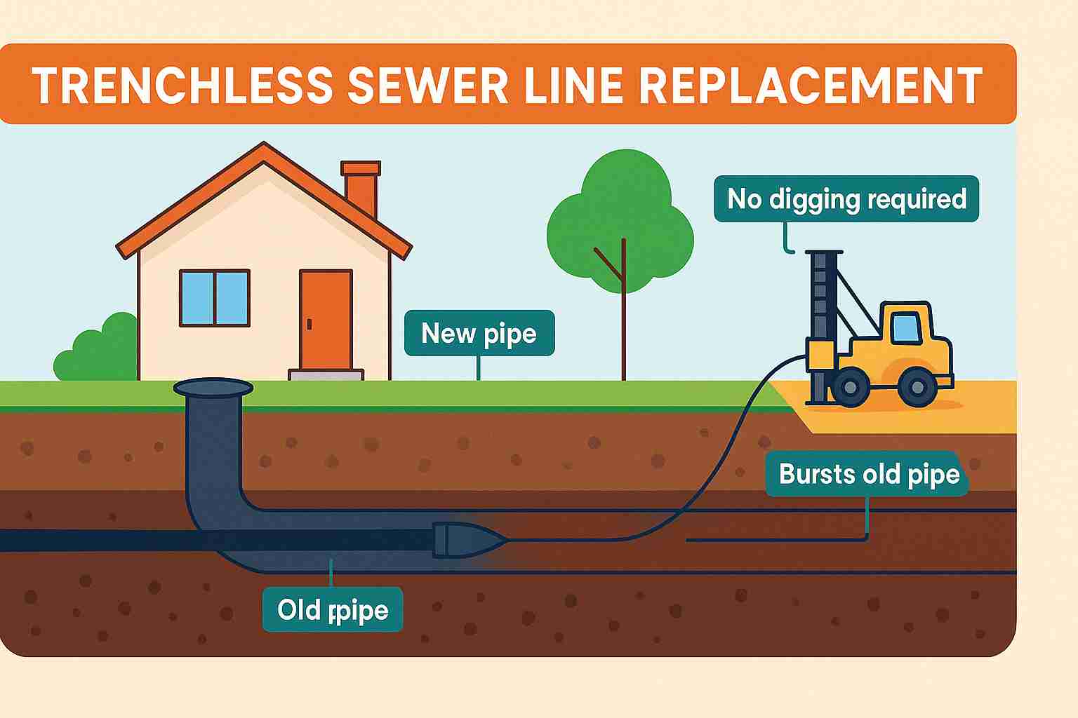 Illustration of trenchless sewer line replacement showing old pipe bursting and new pipe installation with no digging required in a residential yard.