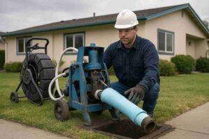 Construction worker performing trenchless sewer repair in front of a suburban El Segundo home using a CIPP liner and advanced equipment