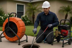 Professional technician performing trenchless sewer repair in a Marina Del Rey residential yard