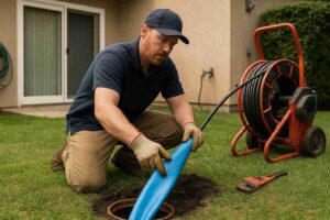 Plumber performing trenchless sewer repair in a Newhall residential backyard with specialized equipment