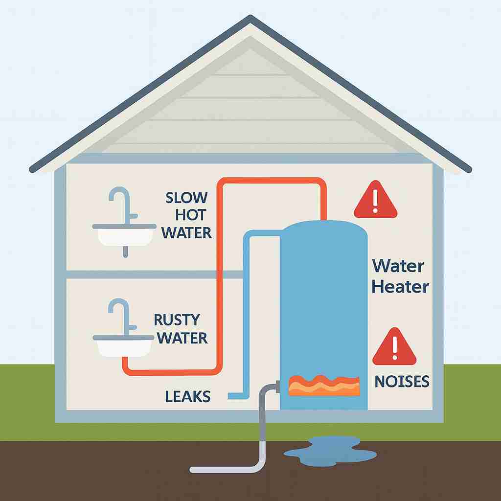 Infographic of a home water heater system showing common issues including slow hot water, rusty water, leaks, and strange noises with warning icons.