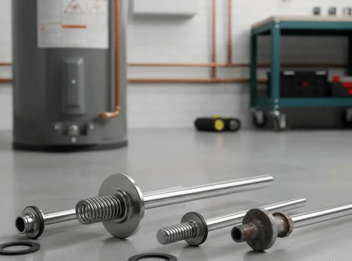 Close-up of new and old water heater heating elements with gaskets on a clean floor, in front of a modern water heater and a blurred workshop background, illustrating parts needed for element replacement.