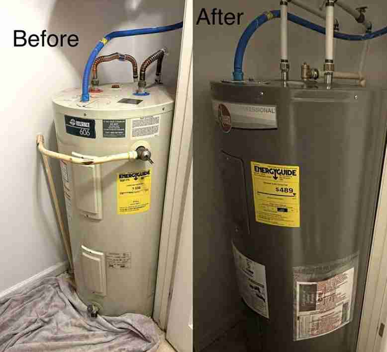 water-heater-replacement-before-after-new-flow-plumbing Before and after comparison showing an old, leaking water heater replaced with a new, energy-efficient Rheem Professional model by New Flow Plumbing.