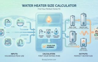 Infographic guide on calculating water heater size using peak hour demand inputs (like showers and laundry) to determine the correct First Hour Rating (FHR) and choose between small, medium, large tanks, or tankless units for BootyCenter.com.