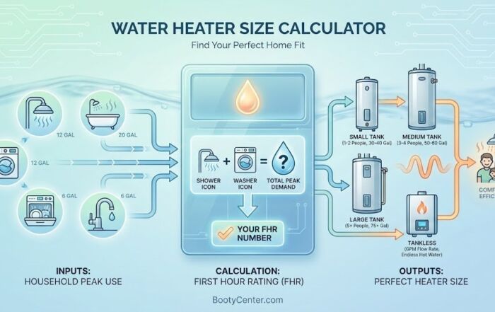 Infographic guide on calculating water heater size using peak hour demand inputs (like showers and laundry) to determine the correct First Hour Rating (FHR) and choose between small, medium, large tanks, or tankless units for BootyCenter.com.