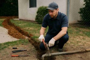 Professional plumber in Van Nuys repairing underground water line near a residential home