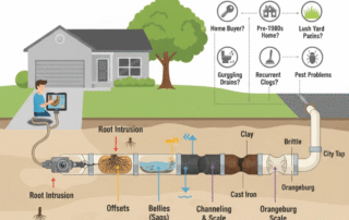 Infographic showing how a sewer scope inspection identifies tree roots and pipe damage.
