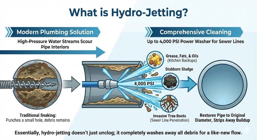 Infographic diagram explaining what is hydro-jetting: a comparison showing how 4,000 PSI water pressure removes grease, sludge, and tree roots versus traditional drain snaking.
