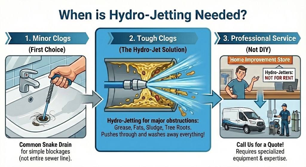 Infographic flowchart titled 'When is Hydro-Jetting Needed?' comparing traditional snaking for minor clogs versus professional hydro-jetting for tough obstructions like grease, sludge, and tree roots, noting that specialized equipment is not available for DIY rent.