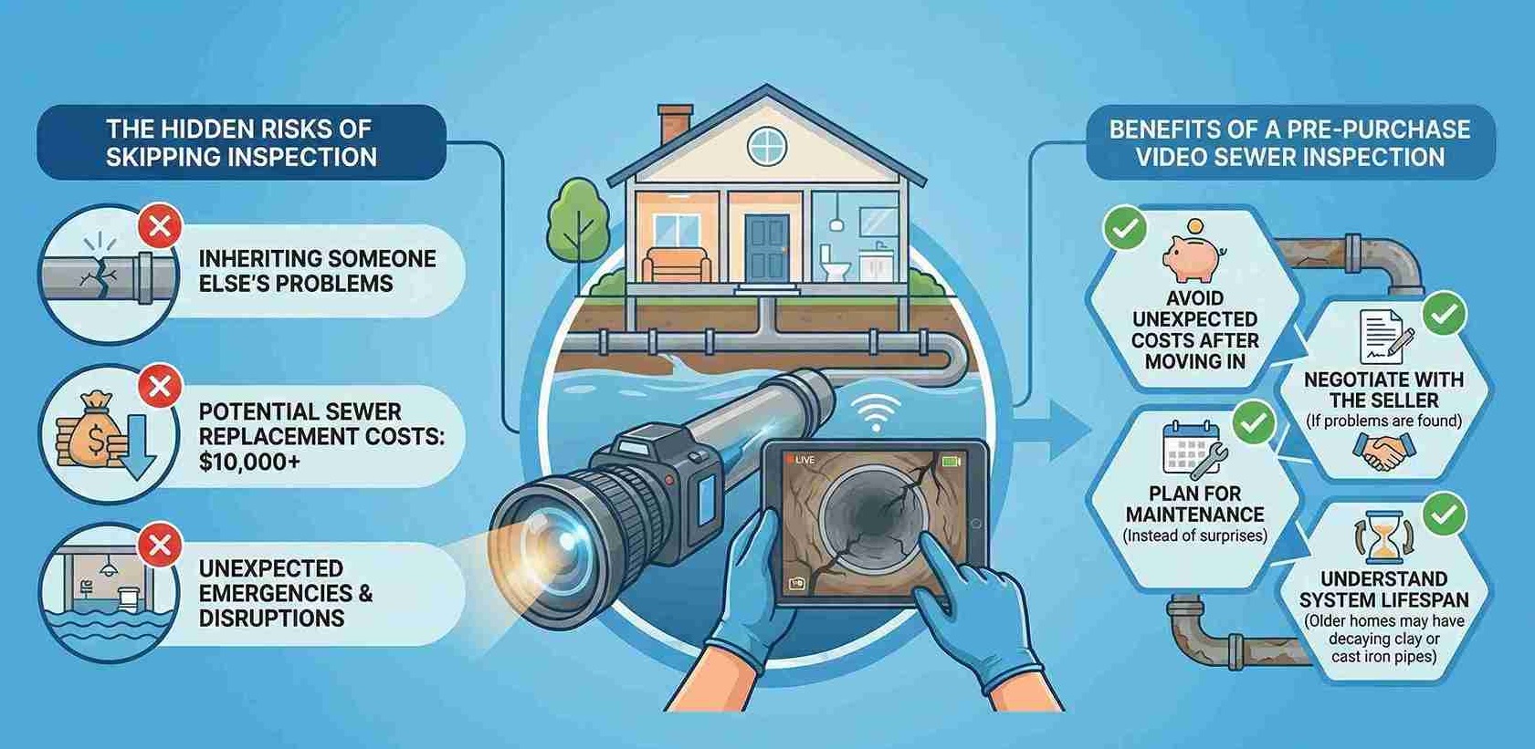 Infographic by New Flow Plumbing explaining why video sewer inspections are critical when buying a home, highlighting benefits such as avoiding $10,000+ in replacement costs, negotiating with sellers, and identifying old clay or cast iron pipes.
